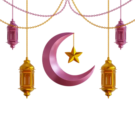 Ramadan Moon and Lantern  3D Illustration