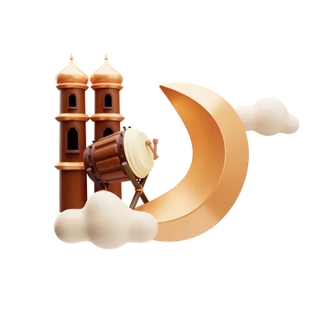 Ramadan moon with bedug  3D Illustration