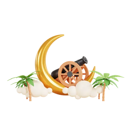 Ramadan moon with cannon  3D Illustration