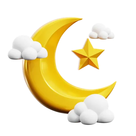 Crescent Moon With Star And Cloud For Ramadan Kareem Islam Holy Month Event 3 D Icon Illustration Render Design 3D Icon