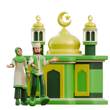 Ramadhan-Paar geht in die Moschee  3D Illustration