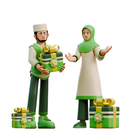 Pareja de Ramadán dándose regalos para el Eid  3D Illustration