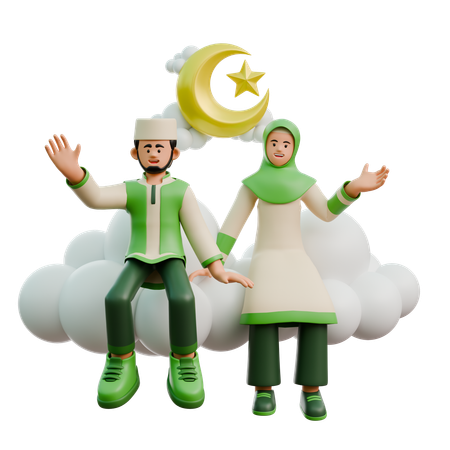 Pareja sentada en las nubes durante el Ramadán  3D Illustration