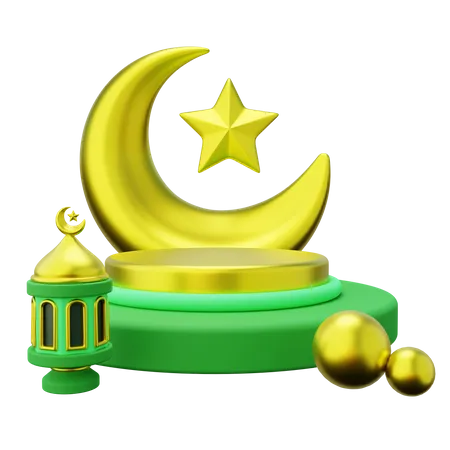 3 D Ramadan Podium Decorated With Big Crescent Lantern And Ball 3D Illustration