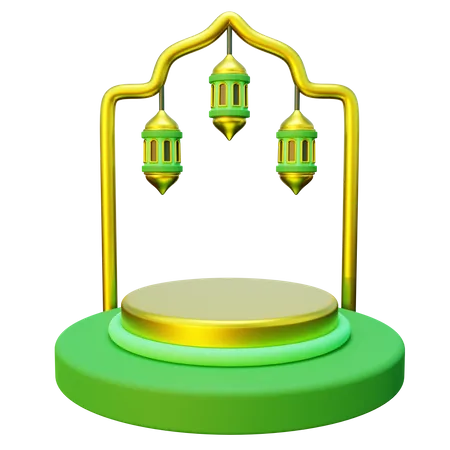 3 D Ramadan Podium Decorated With Colorful Lights And A Traditional Lantern 3D Illustration