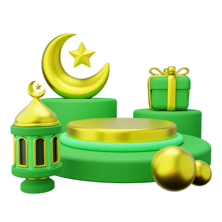 3 D Ramadan Podium Decorated With Crescent Giftbox And Lantern 3D Illustration