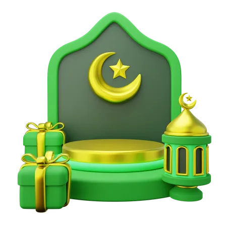 3 D Ramadan Podium Decorated With Islamic Gate Giftbox And Lantern 3D Illustration
