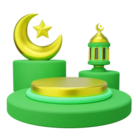 3 D Ramadan Podium Decorated With Islamic Lantern And Crescent 3D Illustration
