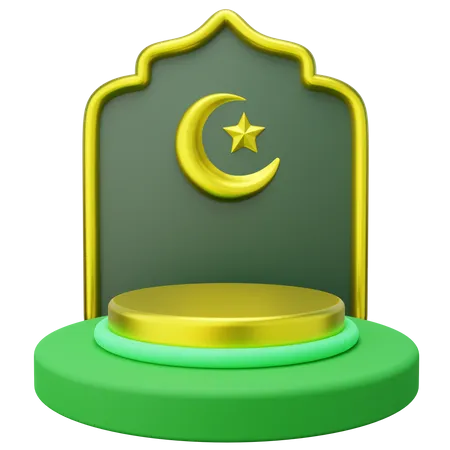 3 D Ramadan Podium Decorated With Islamic Gate And Crescent 3D Illustration