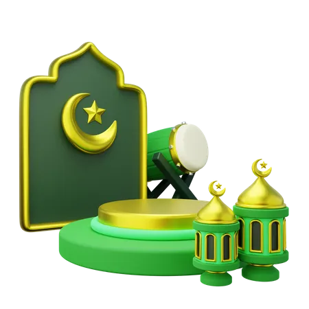 3 D Ramadan Product Podium Decorated With Islamic Gate Lantern And Bedug From Side View 3D Illustration