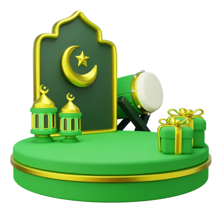 3 D Ramadan Large Product Podium Decorated With Islamic Gate Lantern And Bedug From Side View 3D Illustration