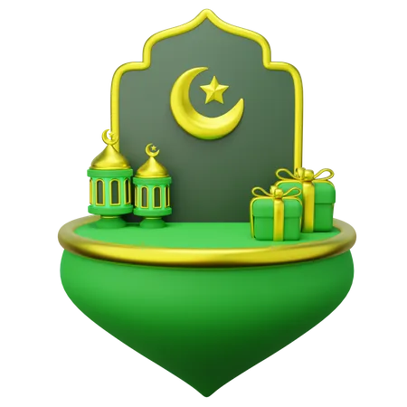 3 D Ramadan Floated Product Podium Decorated With Islamic Gate Lantern And Giftbox 3D Illustration