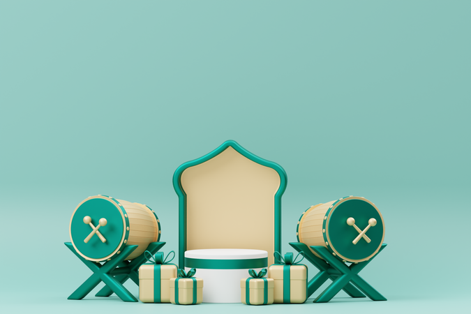 Podium du Ramadan avec bedug et cadeau  3D Illustration