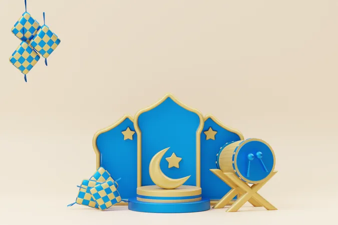 Podium du Ramadan avec croissant et bedug  3D Illustration