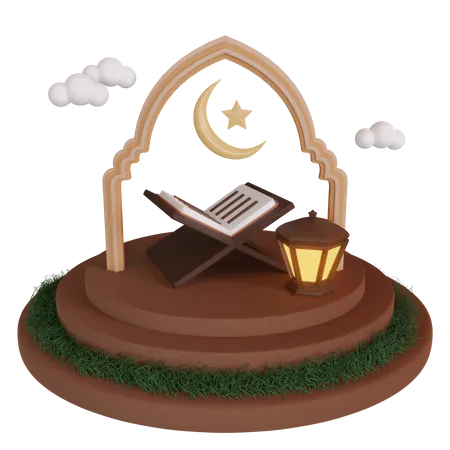 Podium du ramadan avec livre islamique  3D Illustration