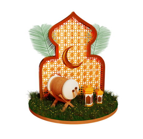 Podium du Ramadan avec tambour, Latran et lune  3D Illustration