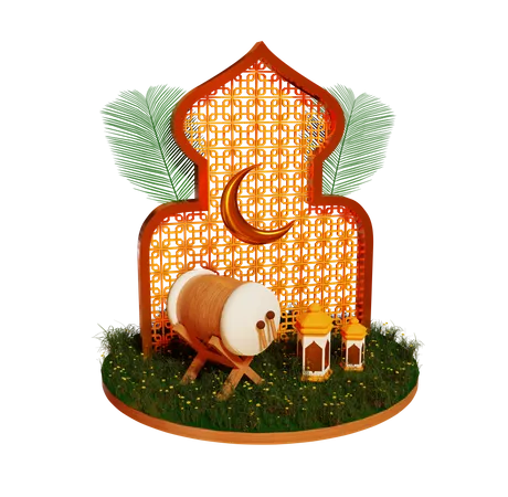 Podium du Ramadan avec tambour, Latran et lune  3D Illustration