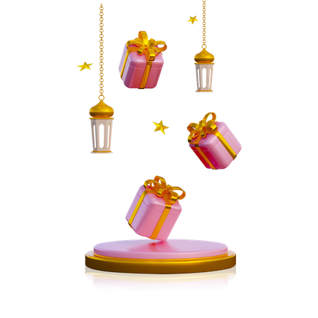 Ramadan-Podium mit Geschenkbox und Laterne  3D Illustration