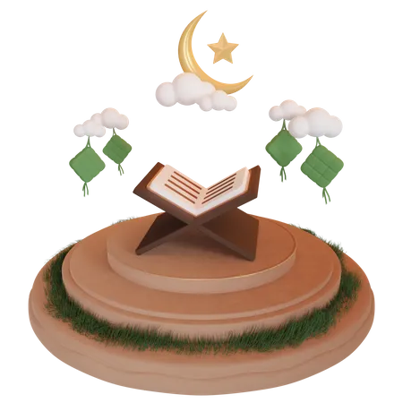 Ramadan-Podium mit islamischem Buch  3D Illustration