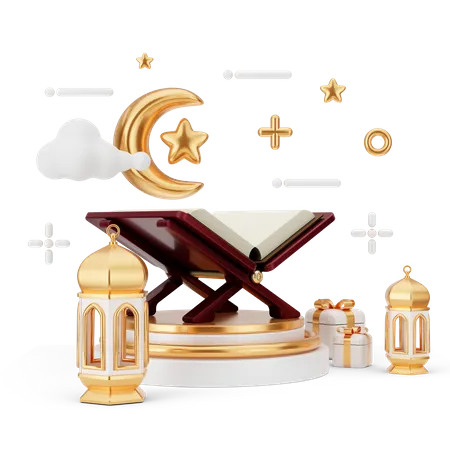 Ramadan-Podium mit Koran  3D Illustration