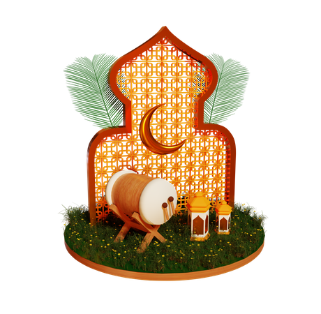 Ramadan-Podium mit Trommel, Lateran und Mond  3D Illustration