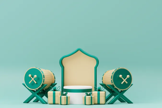 Ramadan podium with bedug and gift  3D Illustration