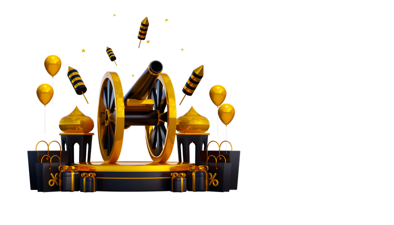 Ramadan Podium With Cannon  3D Illustration