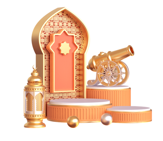 Ramadan Podium With Cannon 3D Illustration