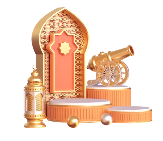 Ramadan Podium With Cannon  3D Illustration