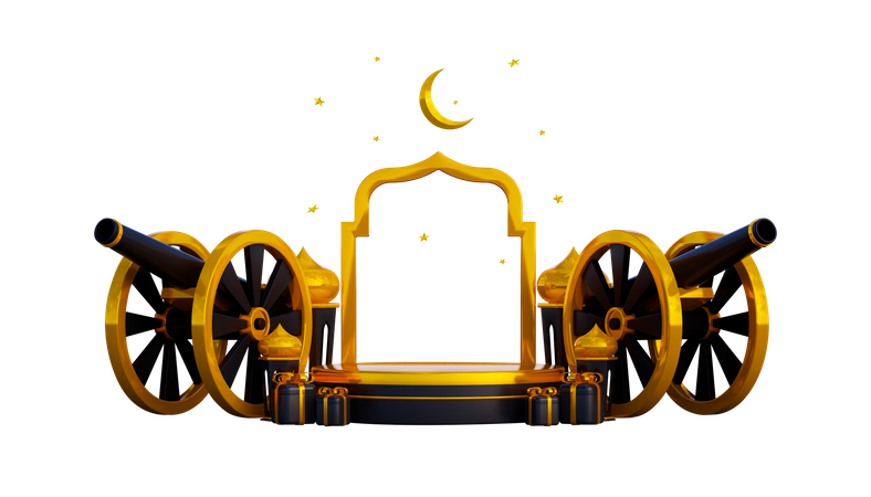 Ramadan Podium With Cannon And Gift  3D Illustration