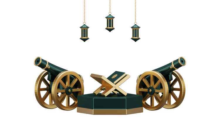 Ramadan Podium With Cannon And Quran  3D Illustration