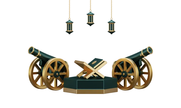 Ramadan Podium With Cannon And Quran  3D Illustration