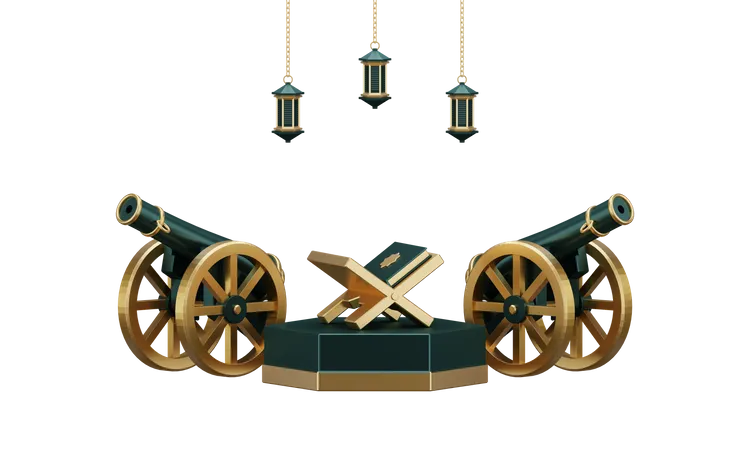 Ramadan Podium With Cannon And Quran 3D Illustration