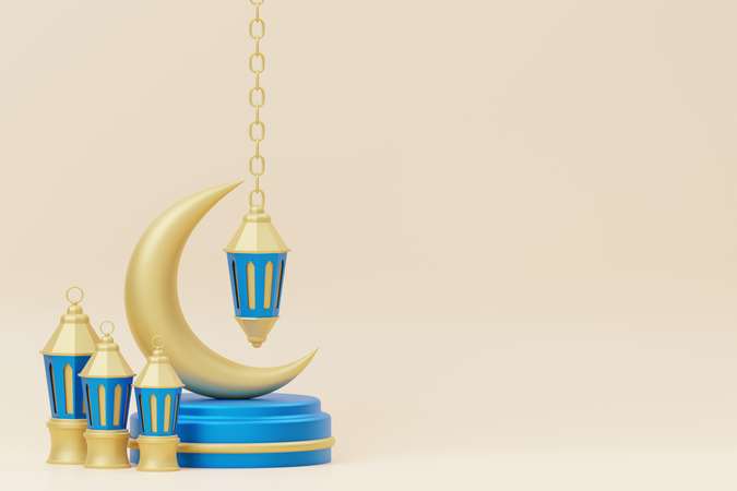 Ramadan podium with crescent and lantern  3D Illustration