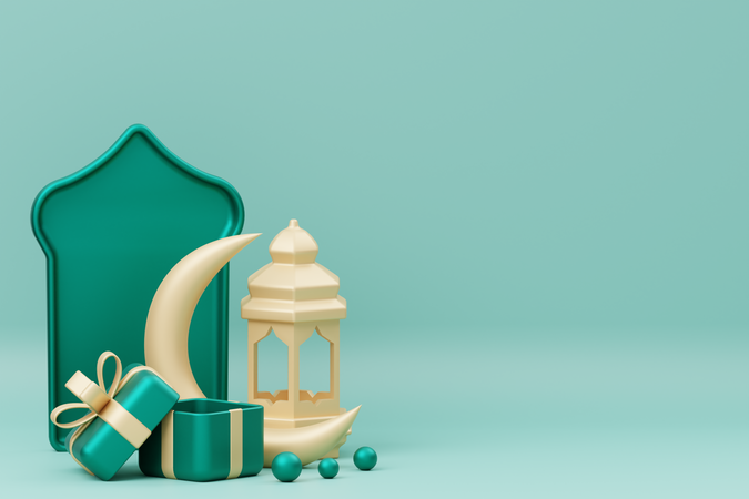 Ramadan podium with crescent and lantern 3D Illustration