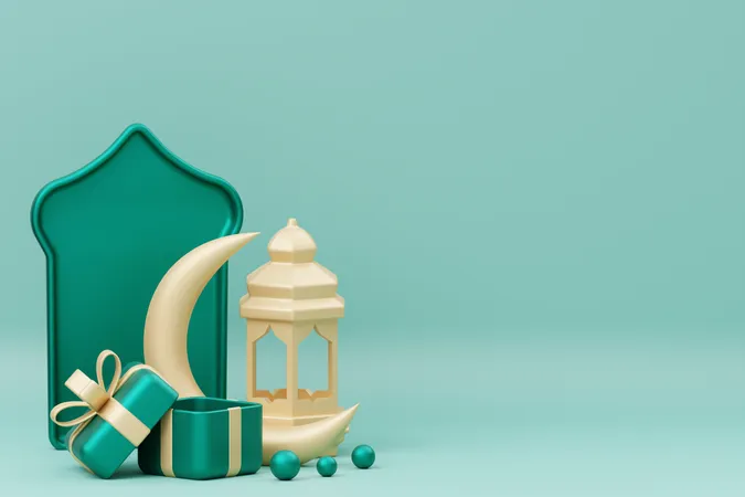 Ramadan podium with crescent and lantern  3D Illustration