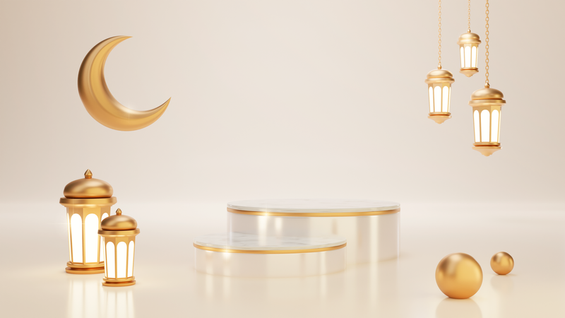 Ramadan podium with Crescent And Lantern 3D Illustration