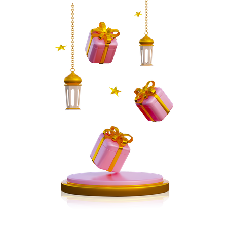 Ramadan Podium With Gift Box and Lantern  3D Icon