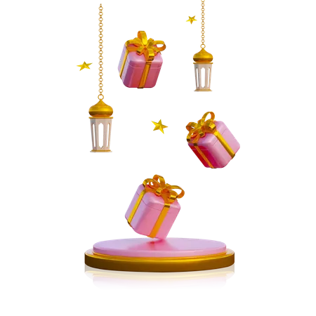 Ramadan Podium With Gift Box and Lantern 3D Illustration