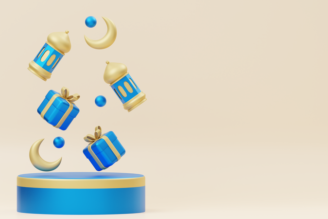 Ramadan podium with lantern and lantern  3D Illustration