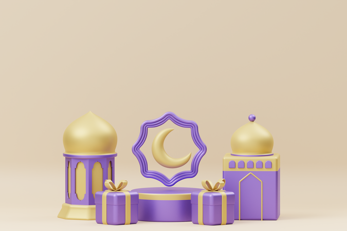 Ramadan podium with moon and lantern 3D Illustration