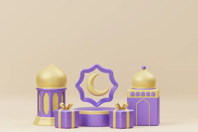 Ramadan podium with moon and lantern  3D Illustration
