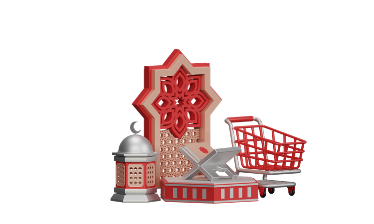 Ramadan Sale With Trolley And Mosque Ornament 3D Illustration
