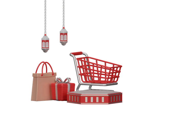 Ramadan Sale With Trolley And Shopping Bag  3D Illustration