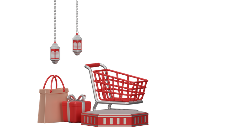 Ramadan Sale With Trolley And Shopping Bag 3D Illustration