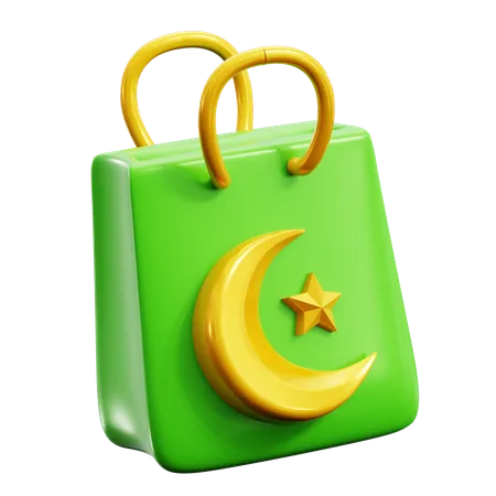 Shopping Bag With Crescent Moon Symbol For Ramadan Big Sale Promotion And Eid Mubarak Fashion Sale 3 D Icon Illustration Render Design 3D Icon