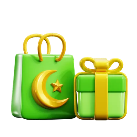 Ramadan Super Sale Online Shop Marketing Promotion Shopping Bag With Crescent Moon Islamic Symbol And Gift Box Present 3 D Icon Illustration Render Design 3D Icon