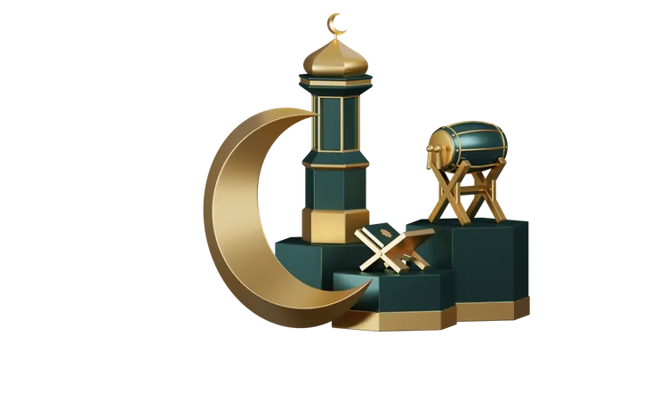 Tambores De Ramadán Y Adornos De Mezquita En El Podio  3D Illustration