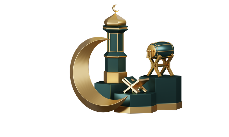 Tambours du Ramadan et ornements de mosquée sur le podium  3D Illustration