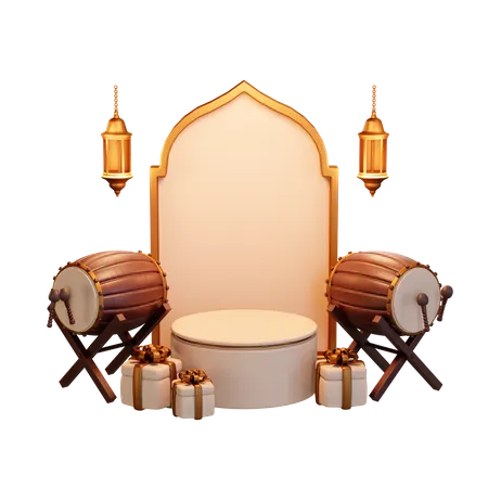 Ramadan-Trommel und Geschenk-Podium  3D Illustration